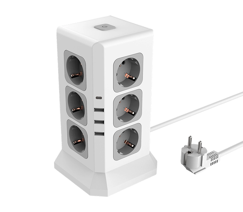 E11 Wired Multi-Function Power Strip with 12 European-Style Outlets, 3 USB-A Ports, and 1 USB-C Port, with Switch