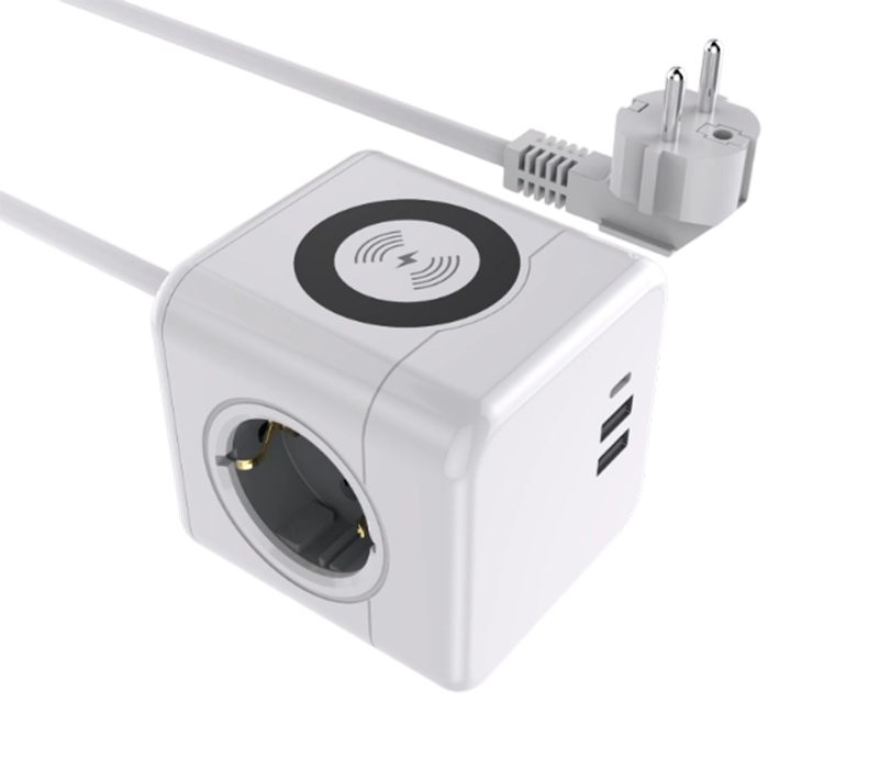 E07 Wired Cube Power Strip Features 3 European-Style Outlets, 2 USB-A Ports, and 1 USB-C Port