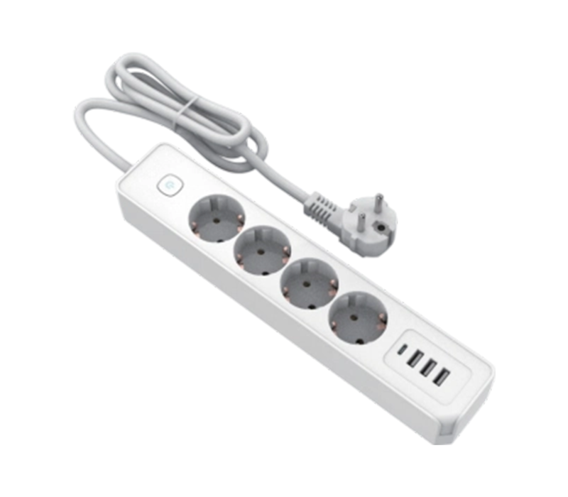 E21-4 European-Style Power Strip with 4 Outlets, 3 USB-A Ports, And 1 USB-C Port, Switch Included