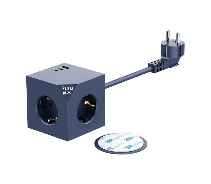 E25 Wired Cube Power Strip with 3 European-Style Outlets, 1 USB-A Ports, And 2 USB-C Port, With 3m Adhesive Stickers
